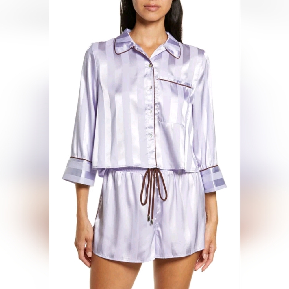 Lavender Striped Satin Pajama Top & Shorts Set
